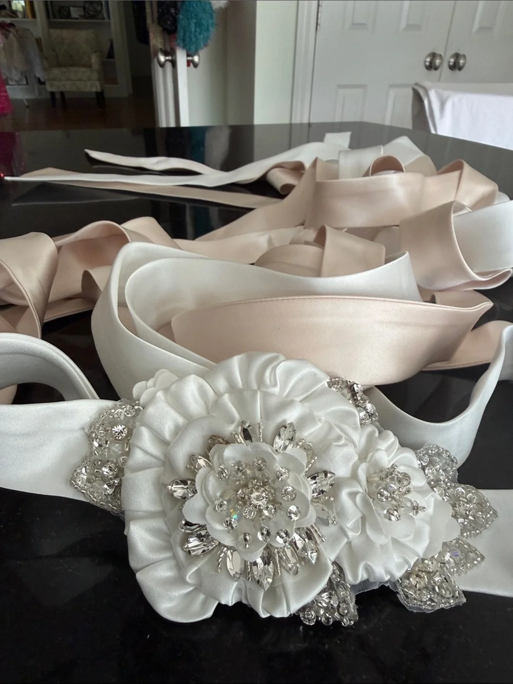 Satin Floral Crystal Bridal Sash Belt - White and Blush